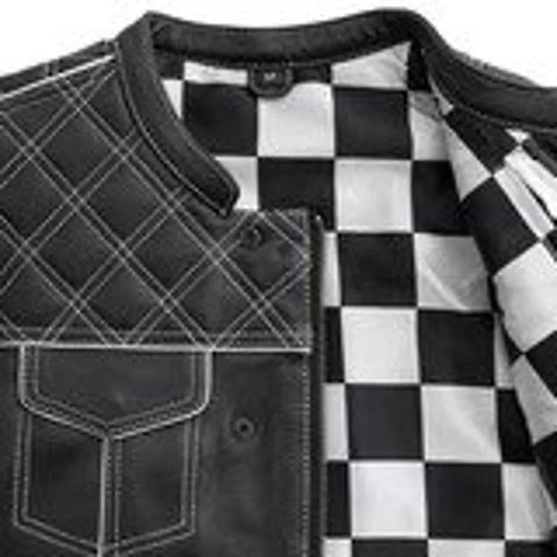 Style Diamond stitched Braided Black Checker Men's Club Motorcycle Concealed Carry Leather Biker Vest, Gift, Biker Gifts for him