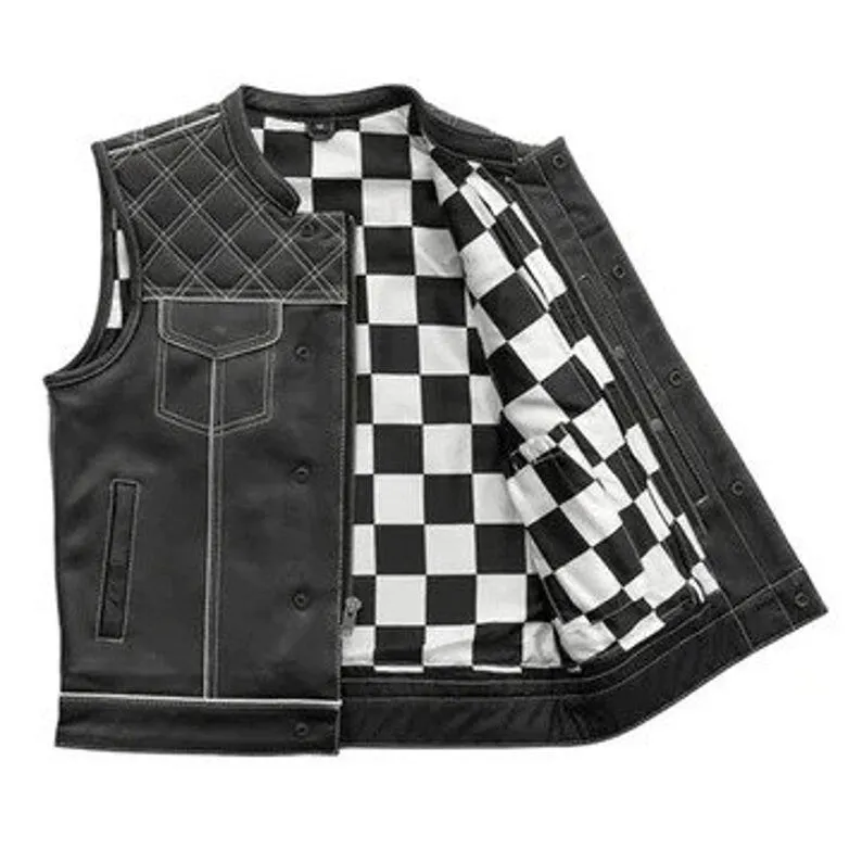 Style Diamond stitched Braided Black Checker Men's Club Motorcycle Concealed Carry Leather Biker Vest, Gift, Biker Gifts for him