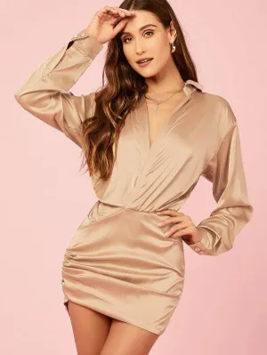 Surplice V-Neck Long Sleeve Satin Shirt Dress