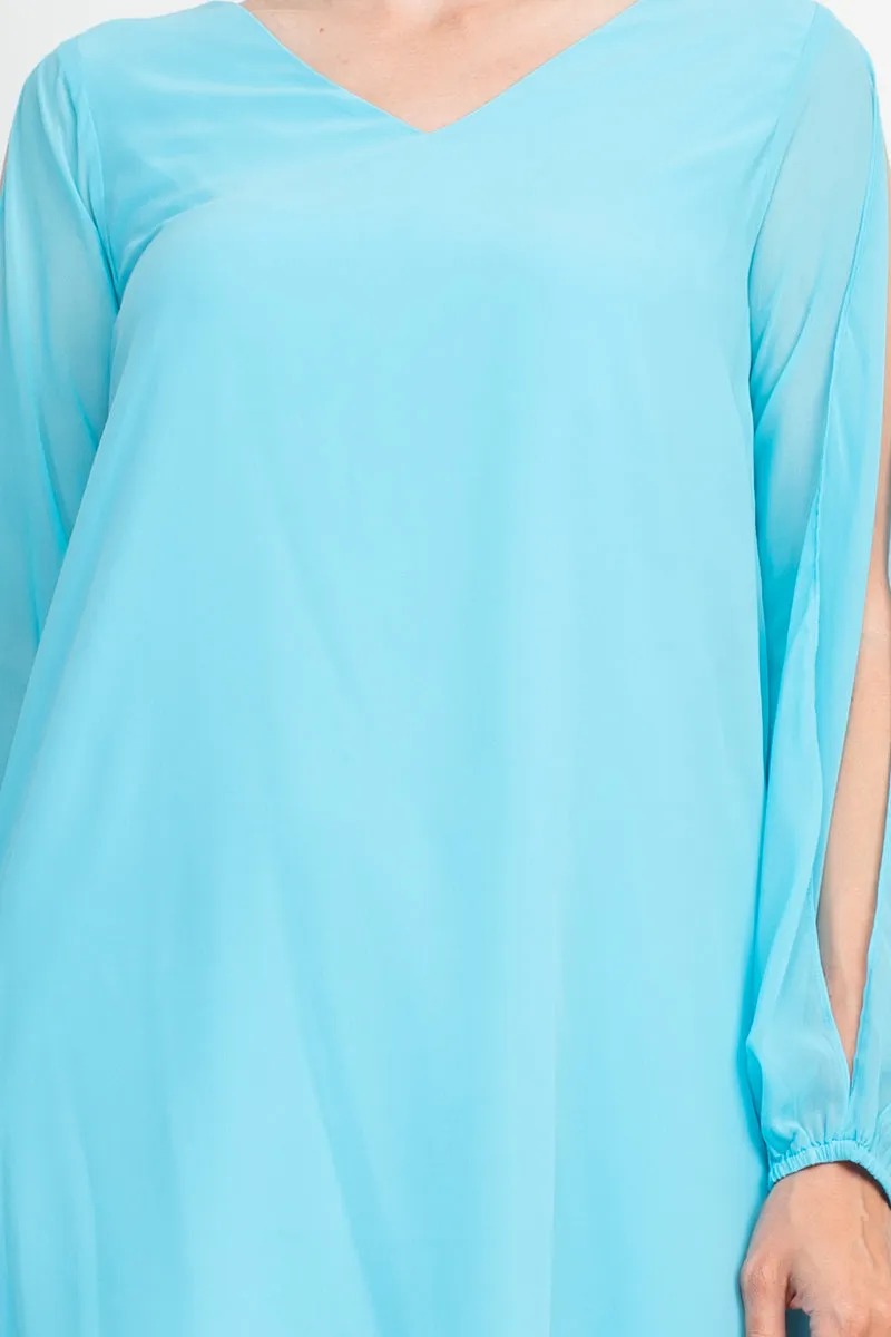 Tash   Sophie V-Neck Slit Long Sleeve Tie Back Solid Chiffon Dress