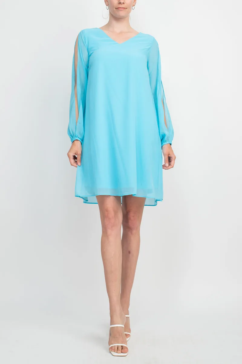 Tash   Sophie V-Neck Slit Long Sleeve Tie Back Solid Chiffon Dress