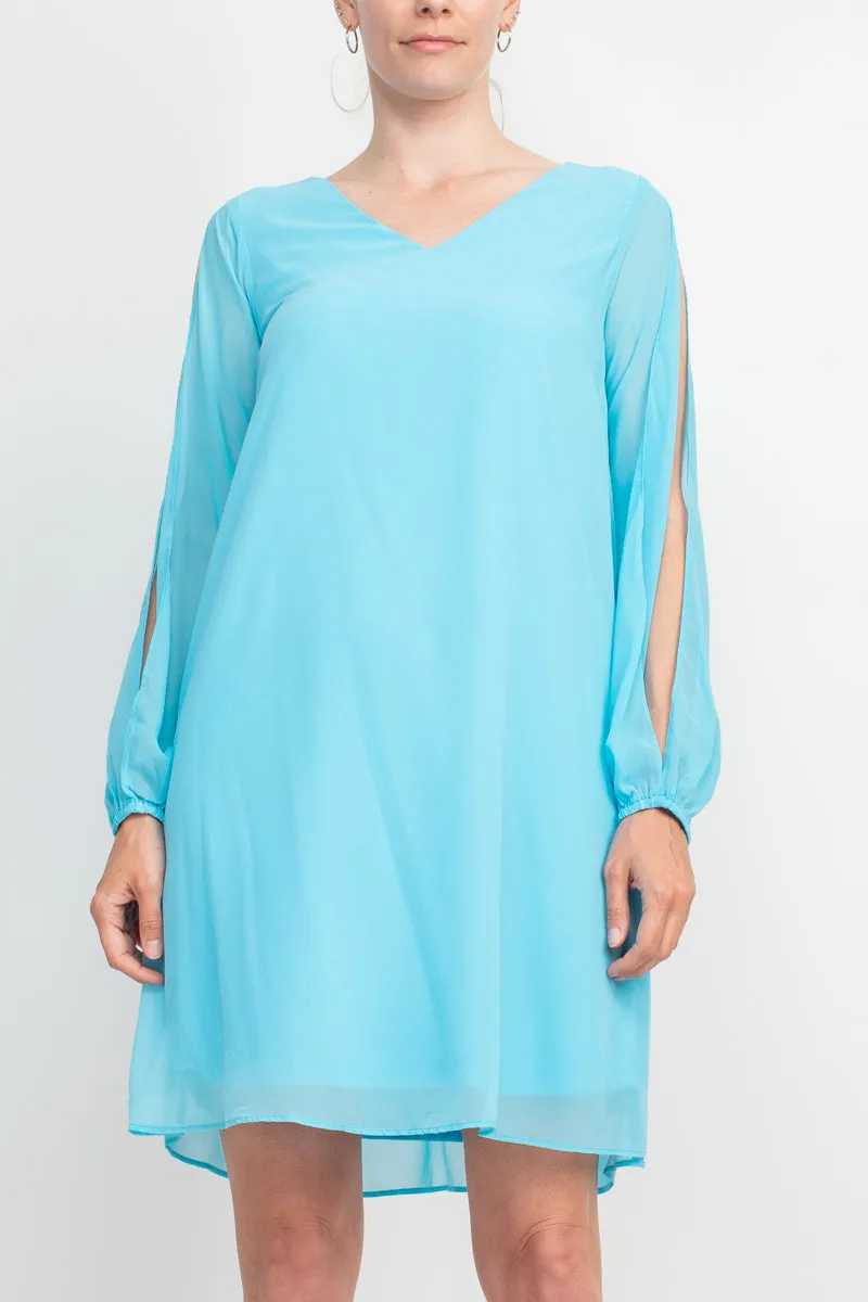 Tash   Sophie V-Neck Slit Long Sleeve Tie Back Solid Chiffon Dress