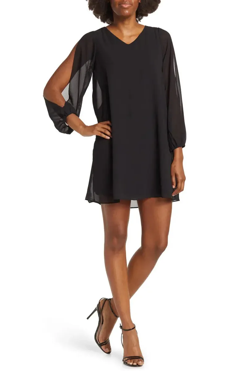Tash   Sophie V-Neck Slit Long Sleeve Tie Back Solid Chiffon Dress