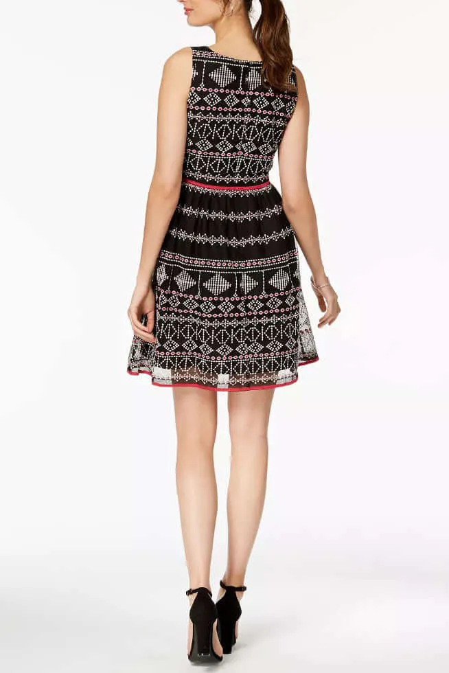 Taylor Boat Neck Sleeveless A-Line Piping Detail Zipper Back Multi Print Mesh Dress