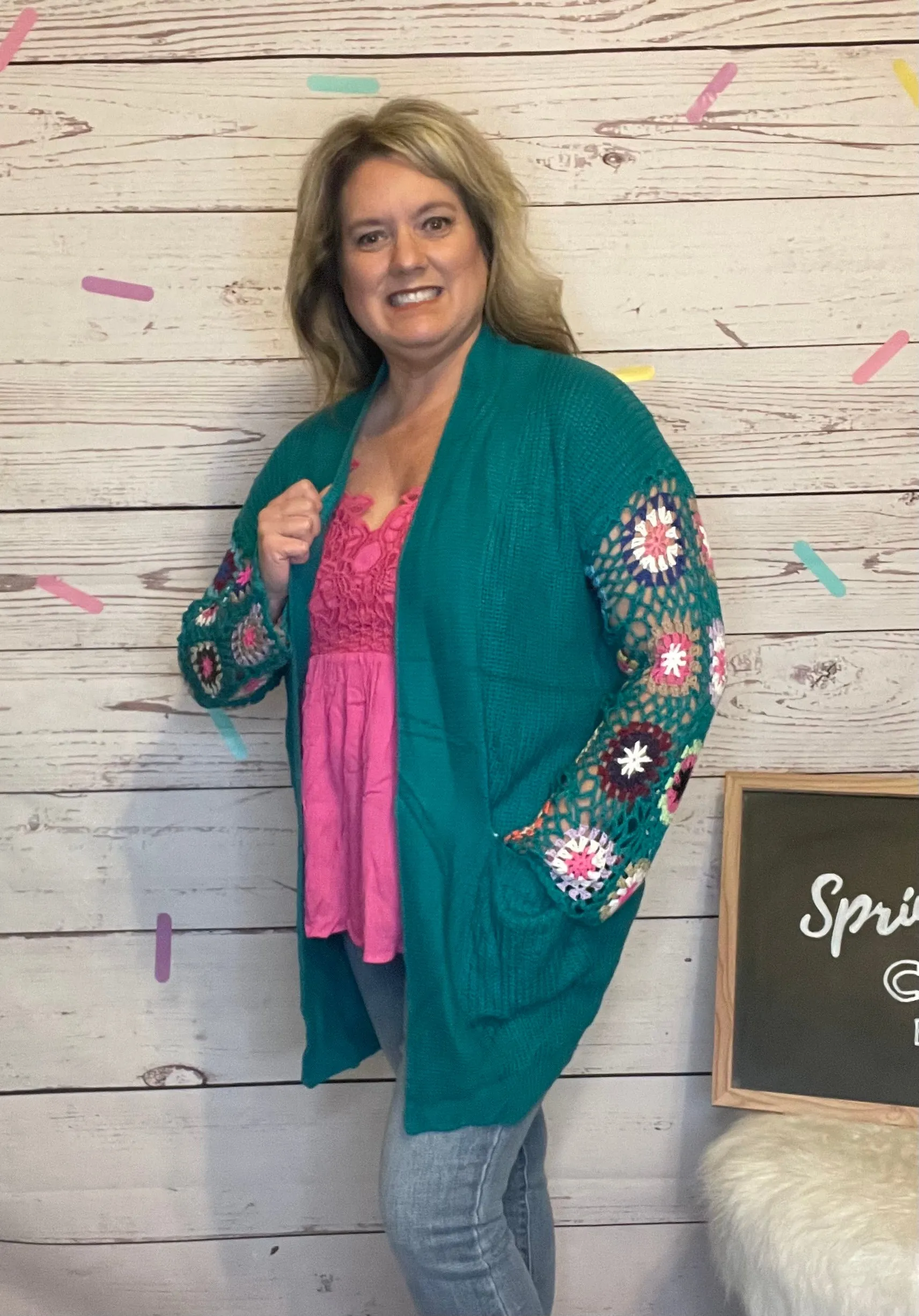 Teal Crochet Sleeve Cardigan