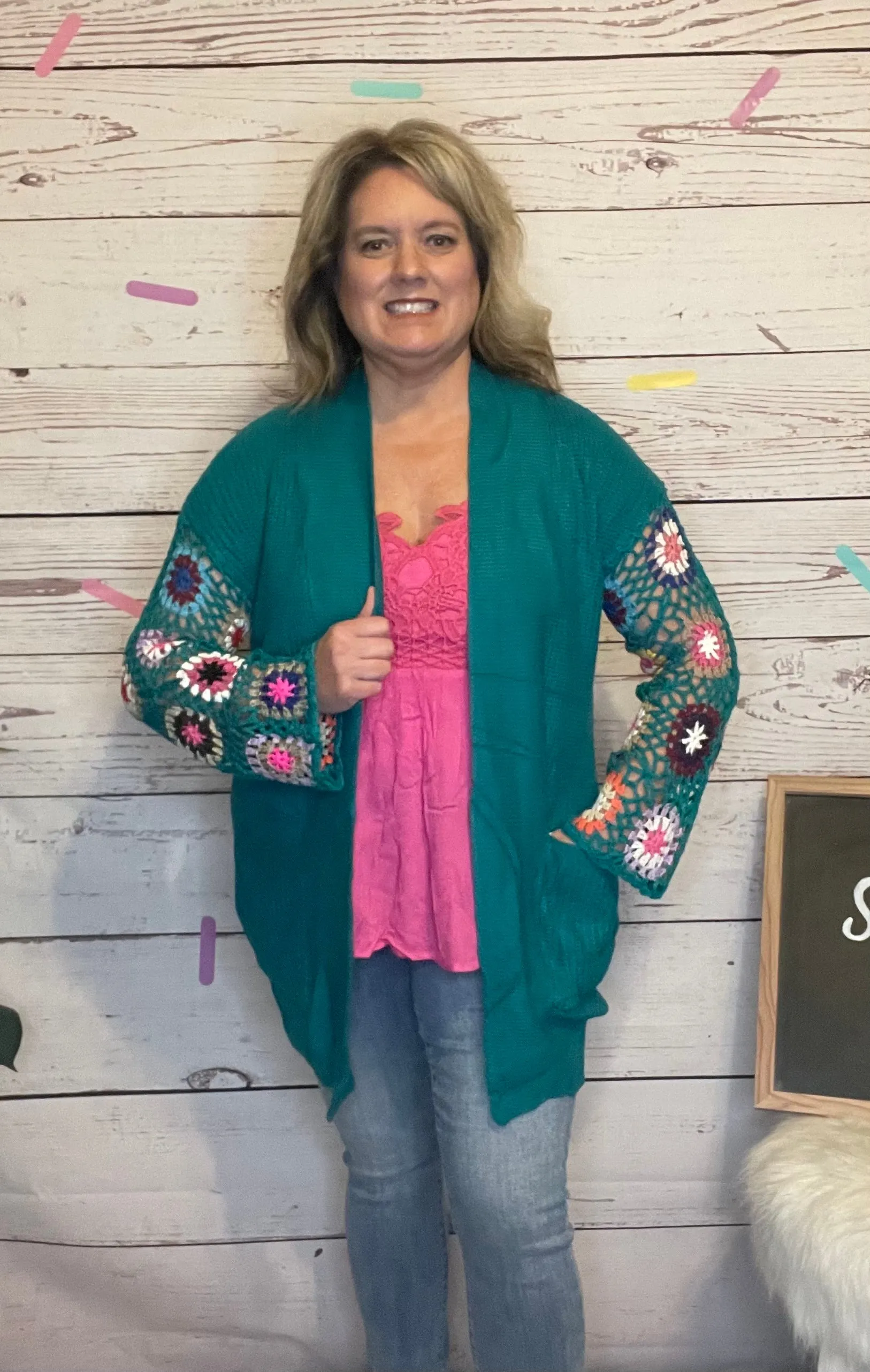 Teal Crochet Sleeve Cardigan