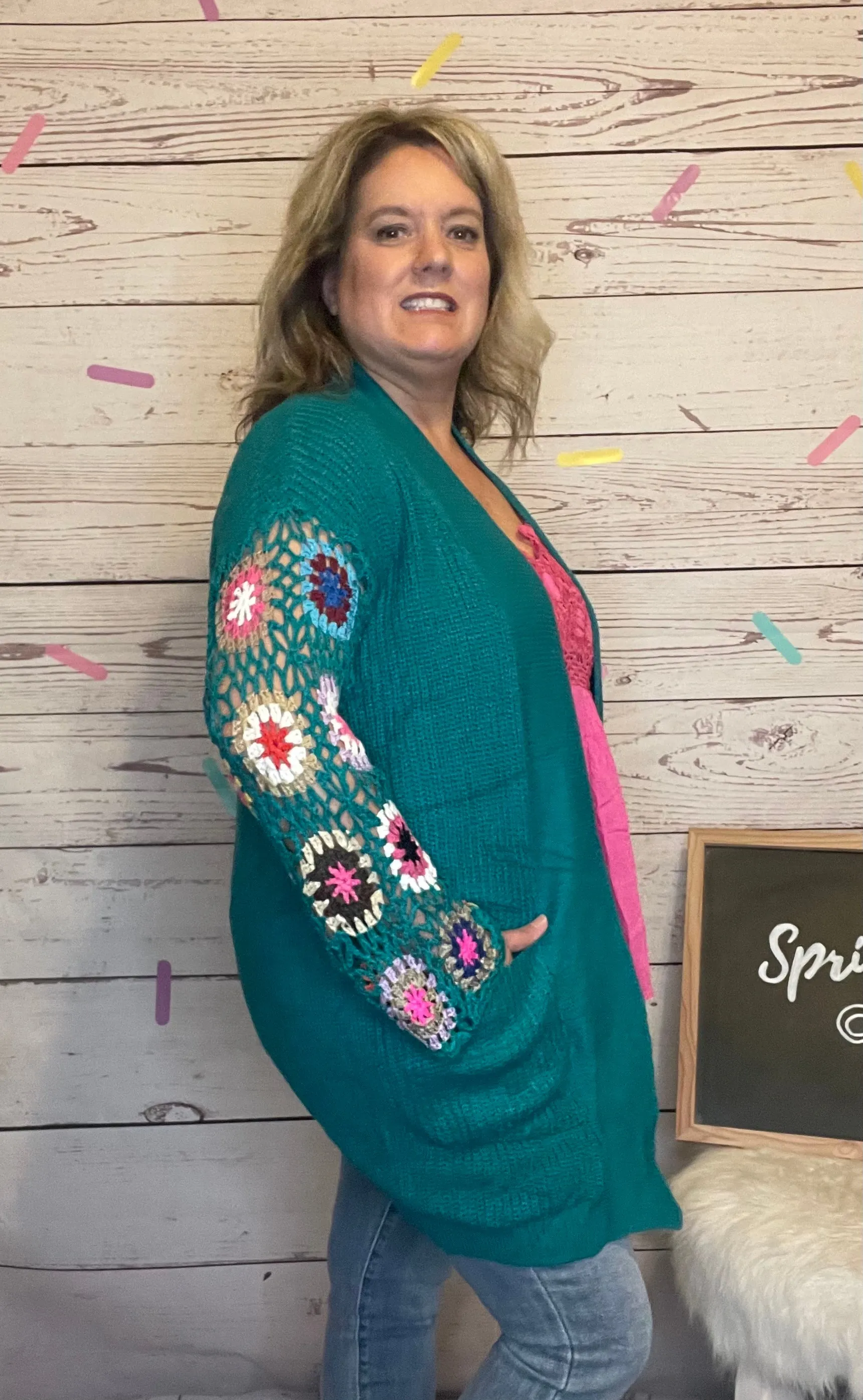 Teal Crochet Sleeve Cardigan