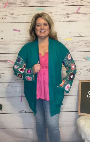Teal Crochet Sleeve Cardigan
