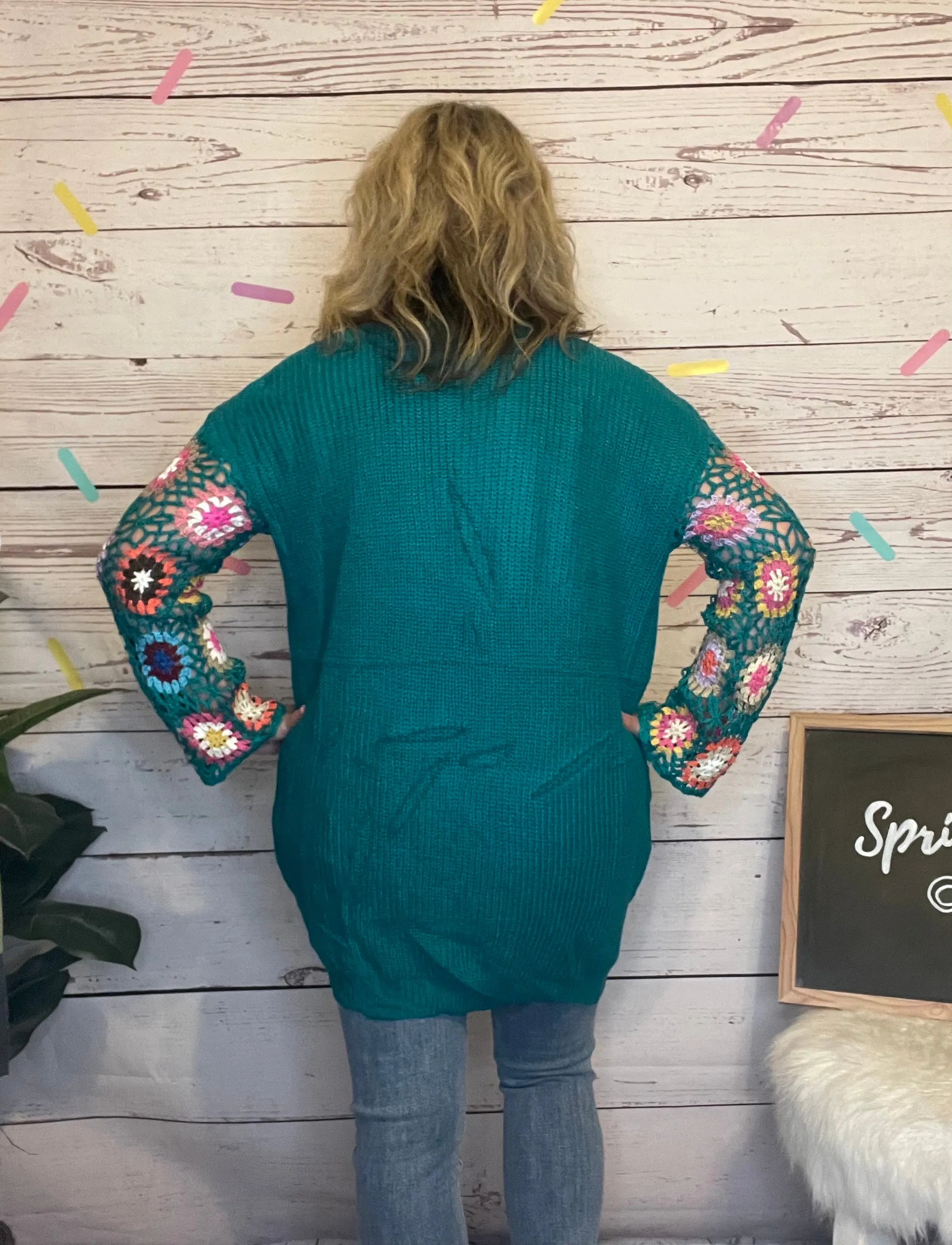 Teal Crochet Sleeve Cardigan