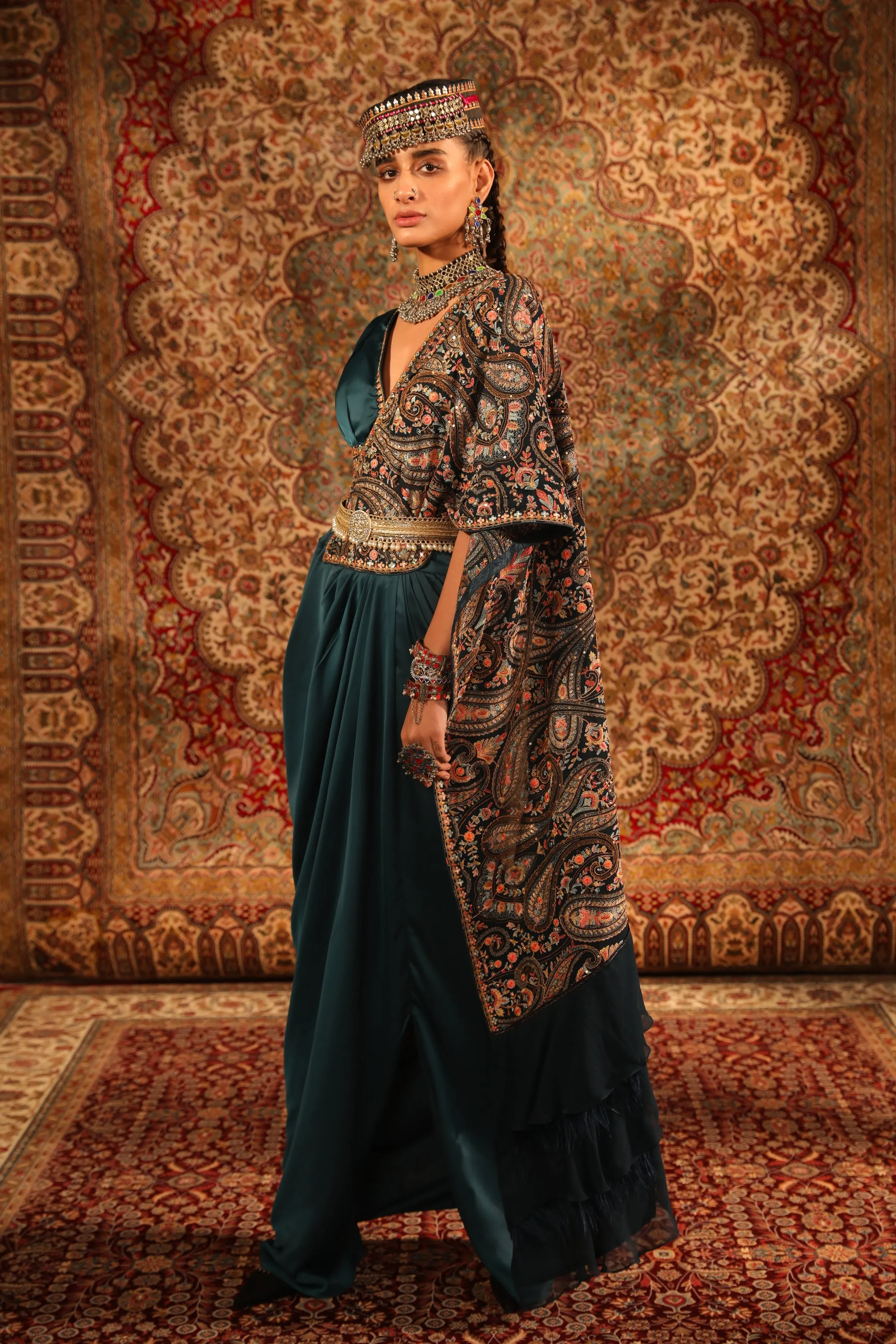 Teal Kashida Draped Saree