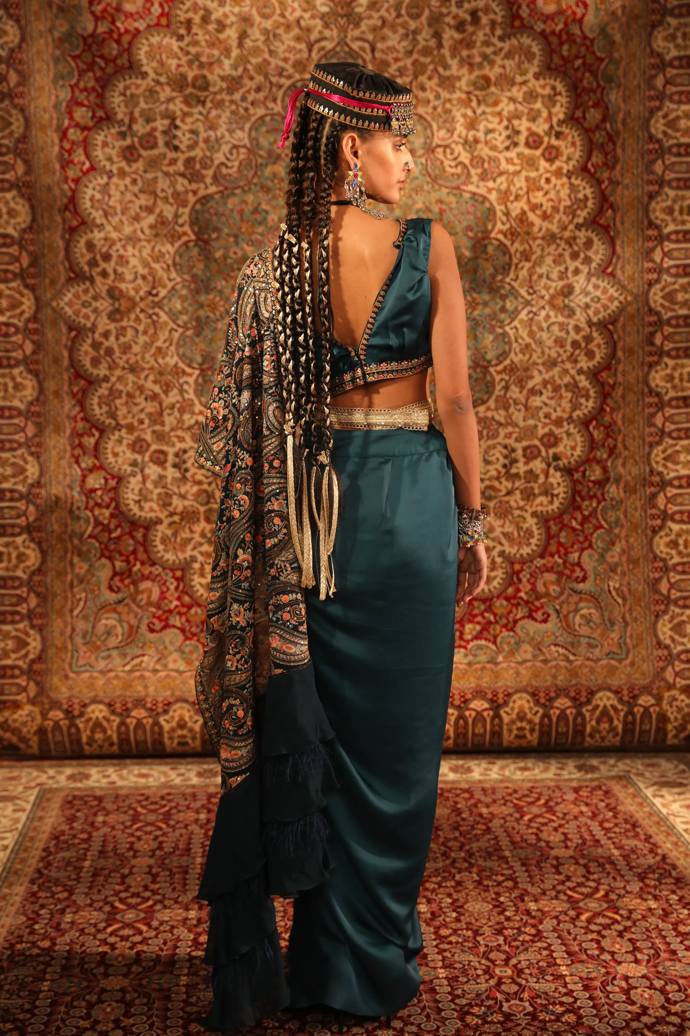 Teal Kashida Draped Saree
