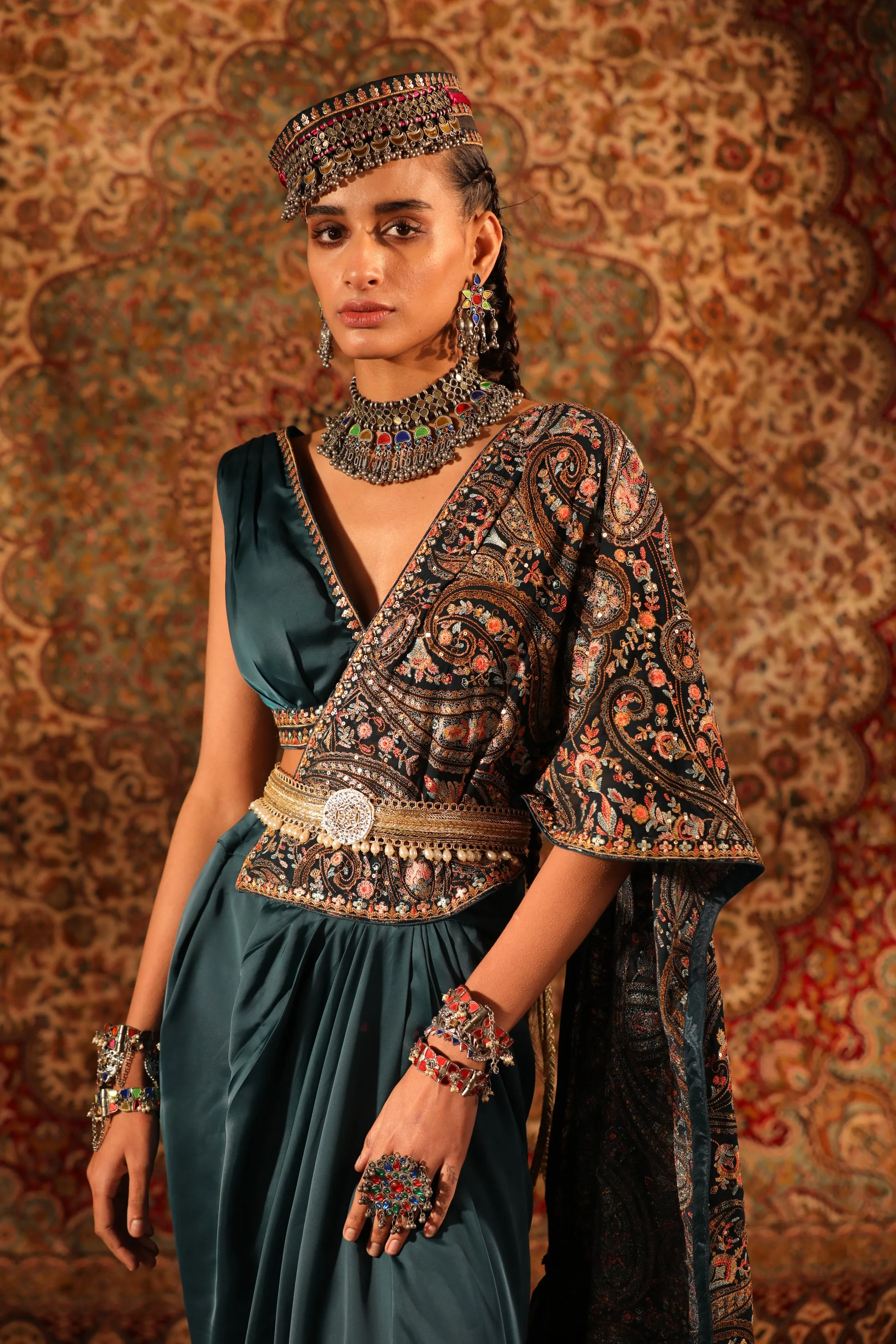 Teal Kashida Draped Saree
