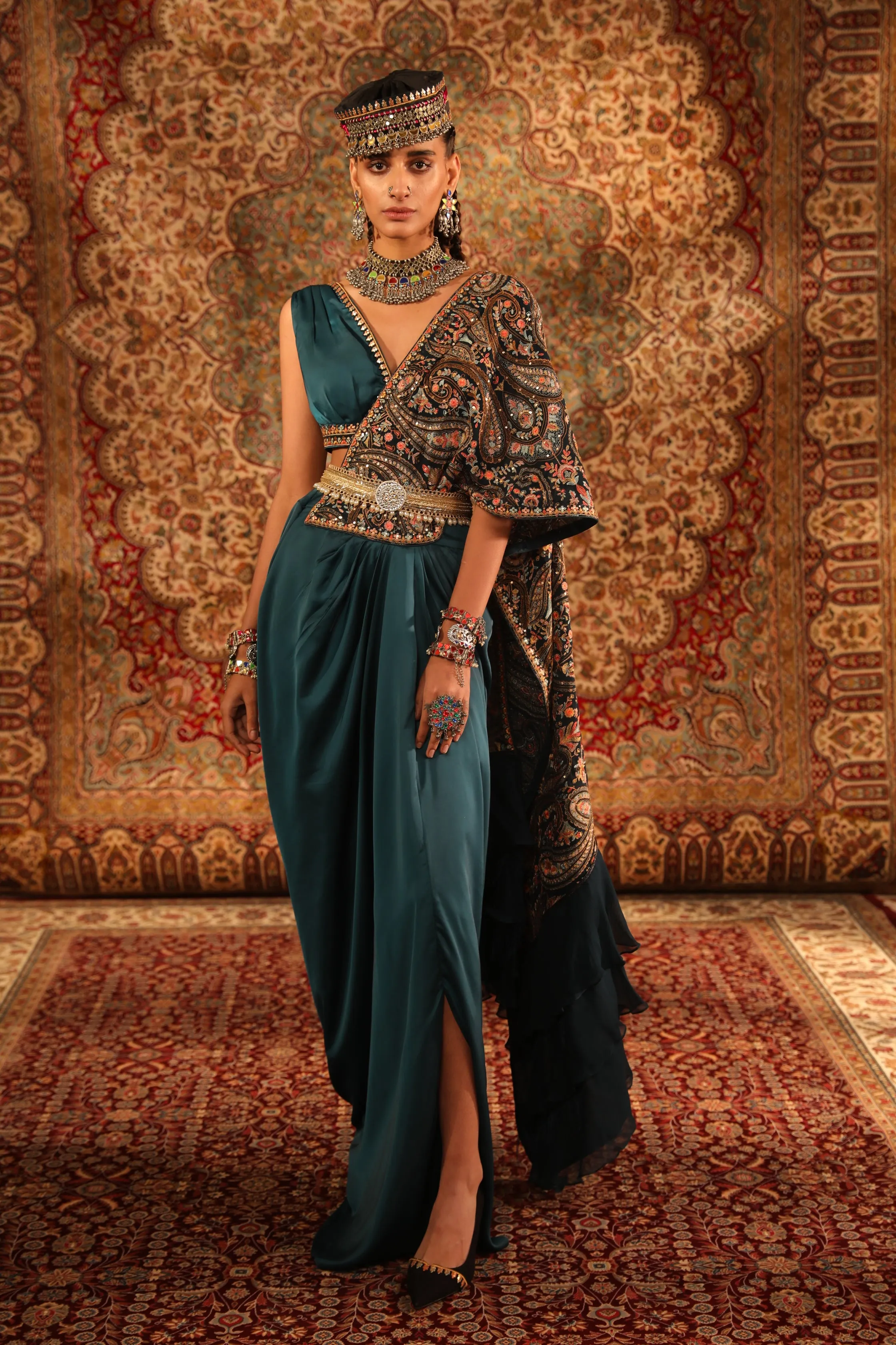 Teal Kashida Draped Saree