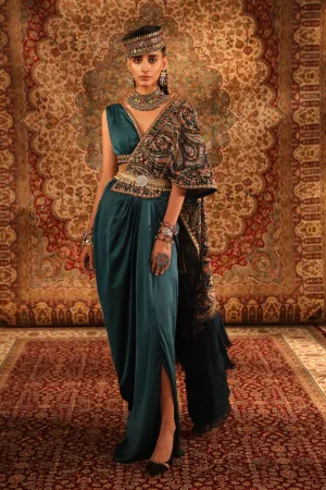 Teal Kashida Draped Saree