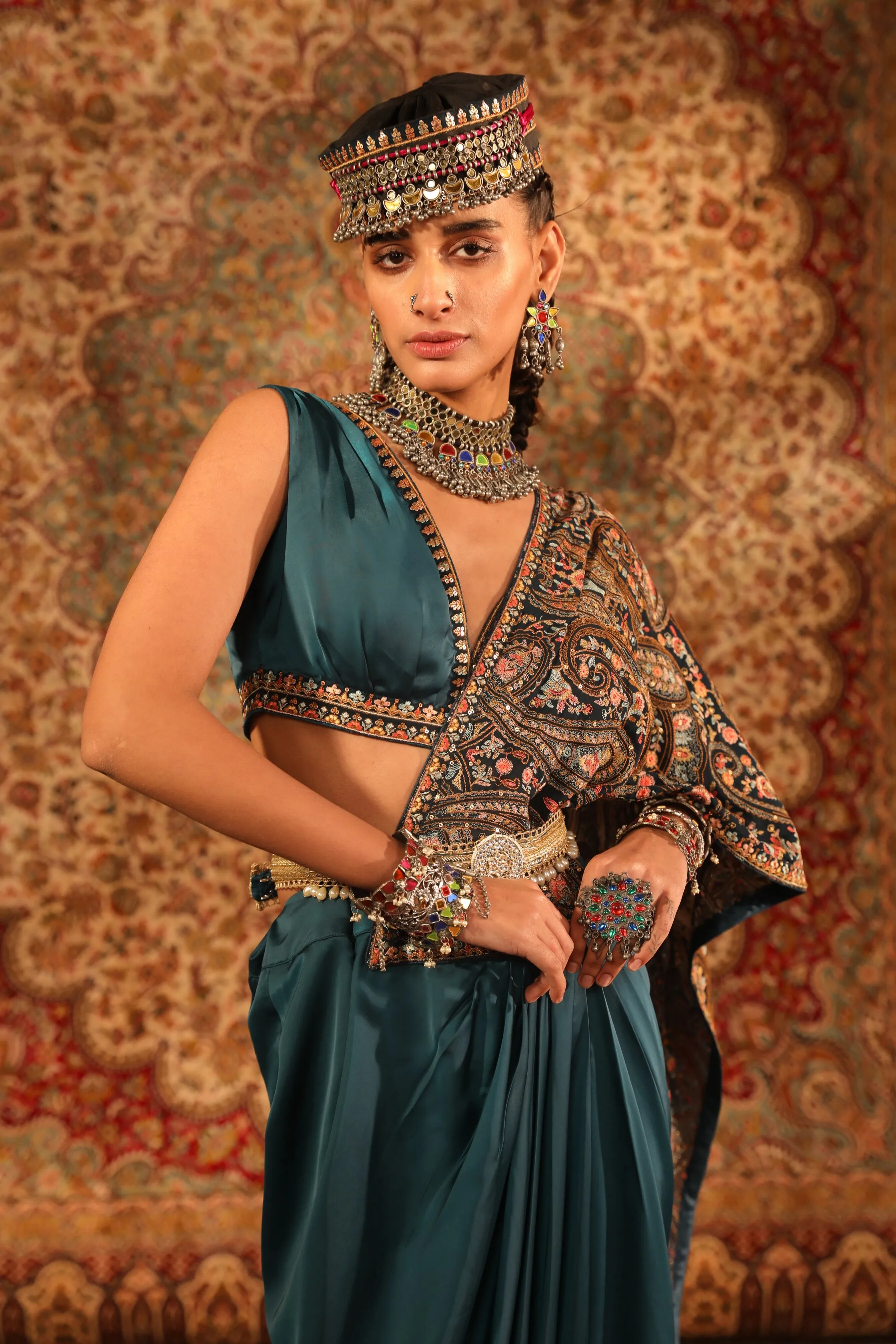 Teal Kashida Draped Saree