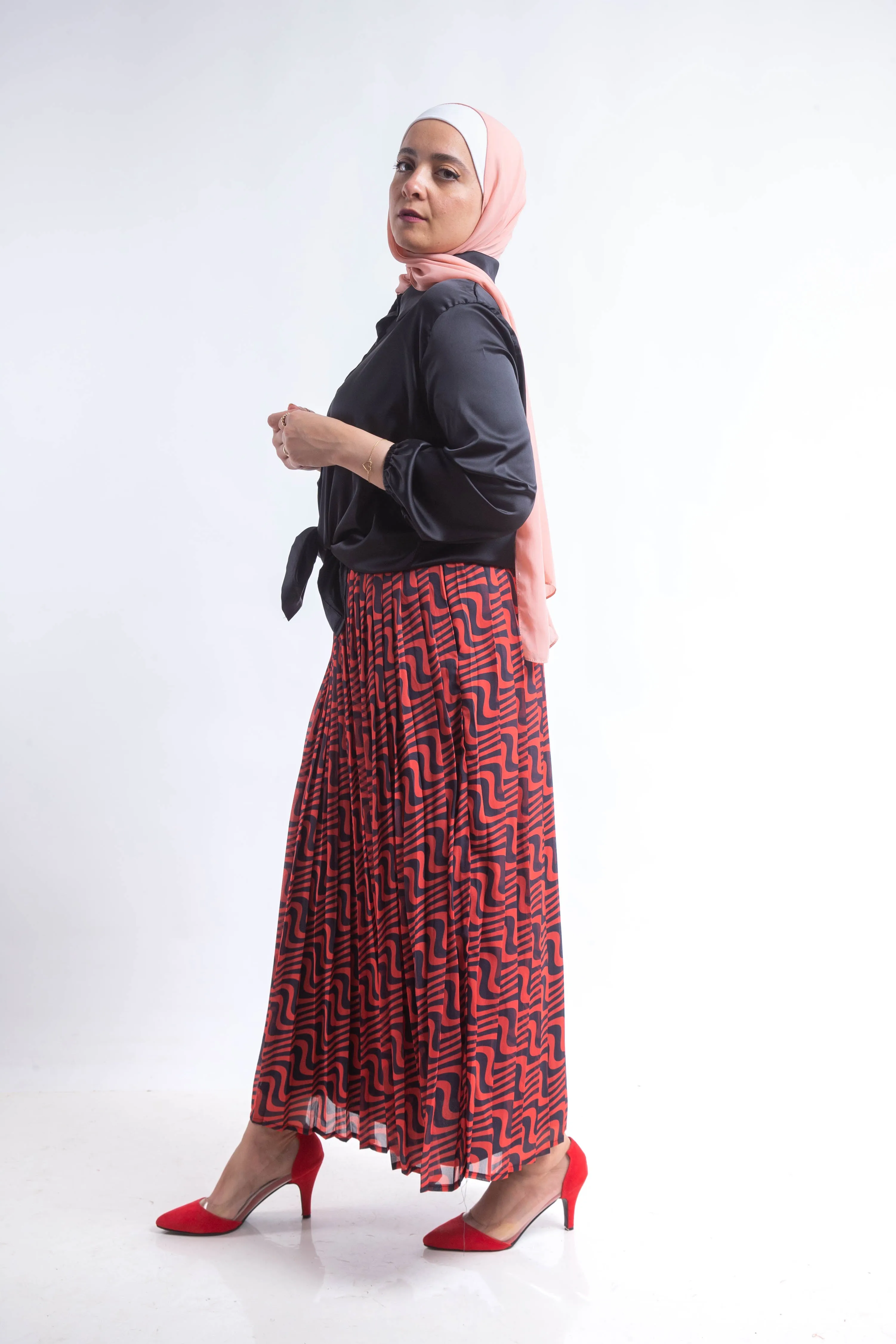 The swirl chiffon pleated Skirt - Red