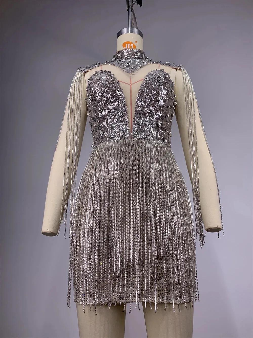 Trend4us Women’s Luxury Silver Beaded Sequin Diamonds Tassel Dress