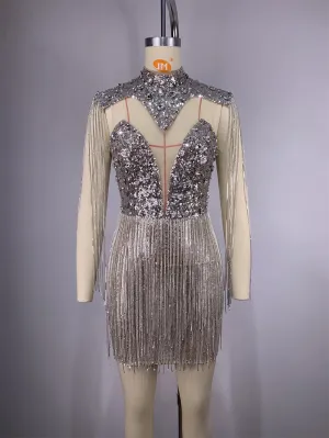 Trend4us Women’s Luxury Silver Beaded Sequin Diamonds Tassel Dress