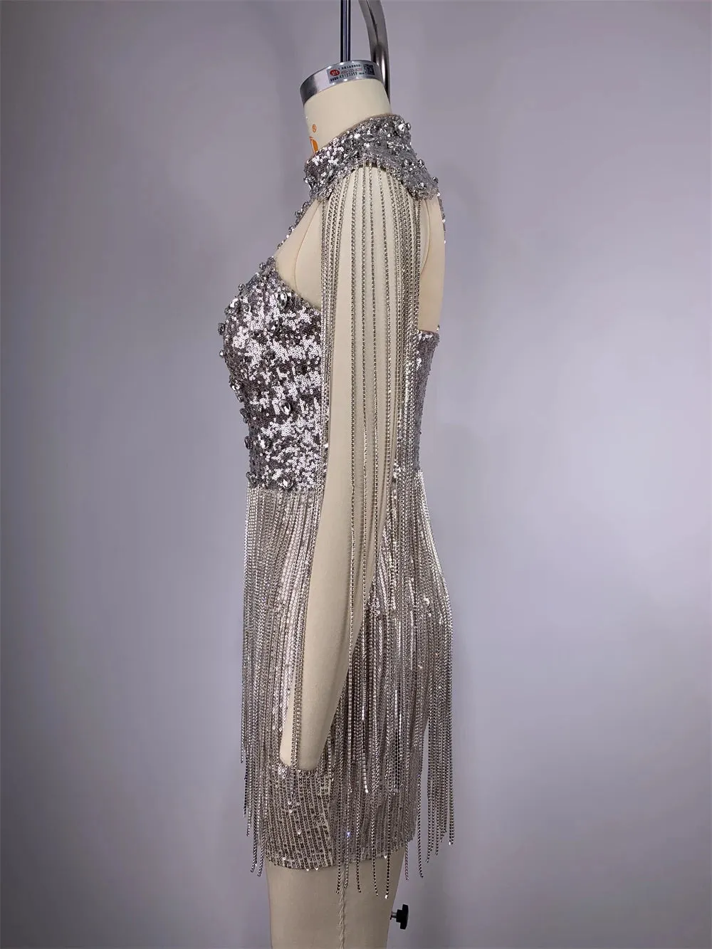 Trend4us Women’s Luxury Silver Beaded Sequin Diamonds Tassel Dress