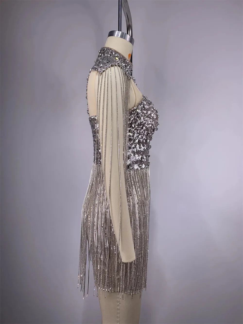 Trend4us Women’s Luxury Silver Beaded Sequin Diamonds Tassel Dress