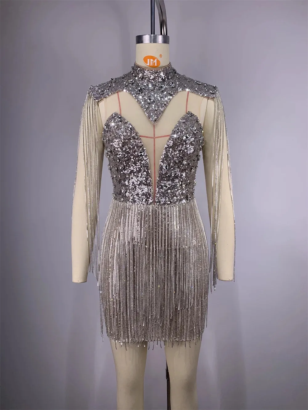 Trend4us Women’s Luxury Silver Beaded Sequin Diamonds Tassel Dress
