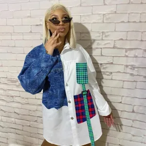 Trendy patch design Oversize distressed shirt dress