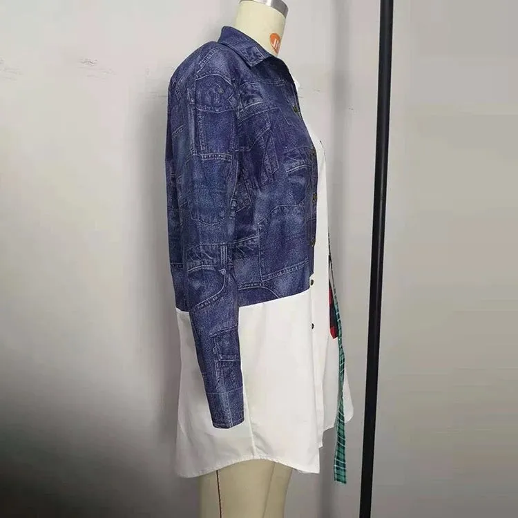 Trendy patch design Oversize distressed shirt dress