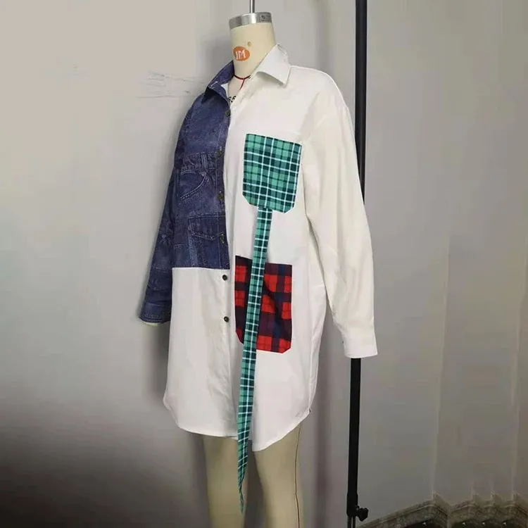 Trendy patch design Oversize distressed shirt dress