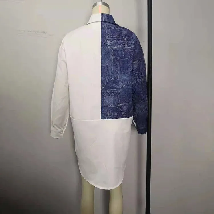 Trendy patch design Oversize distressed shirt dress