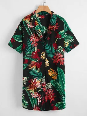 Tropical &amp; Floral Print Shirt Dress