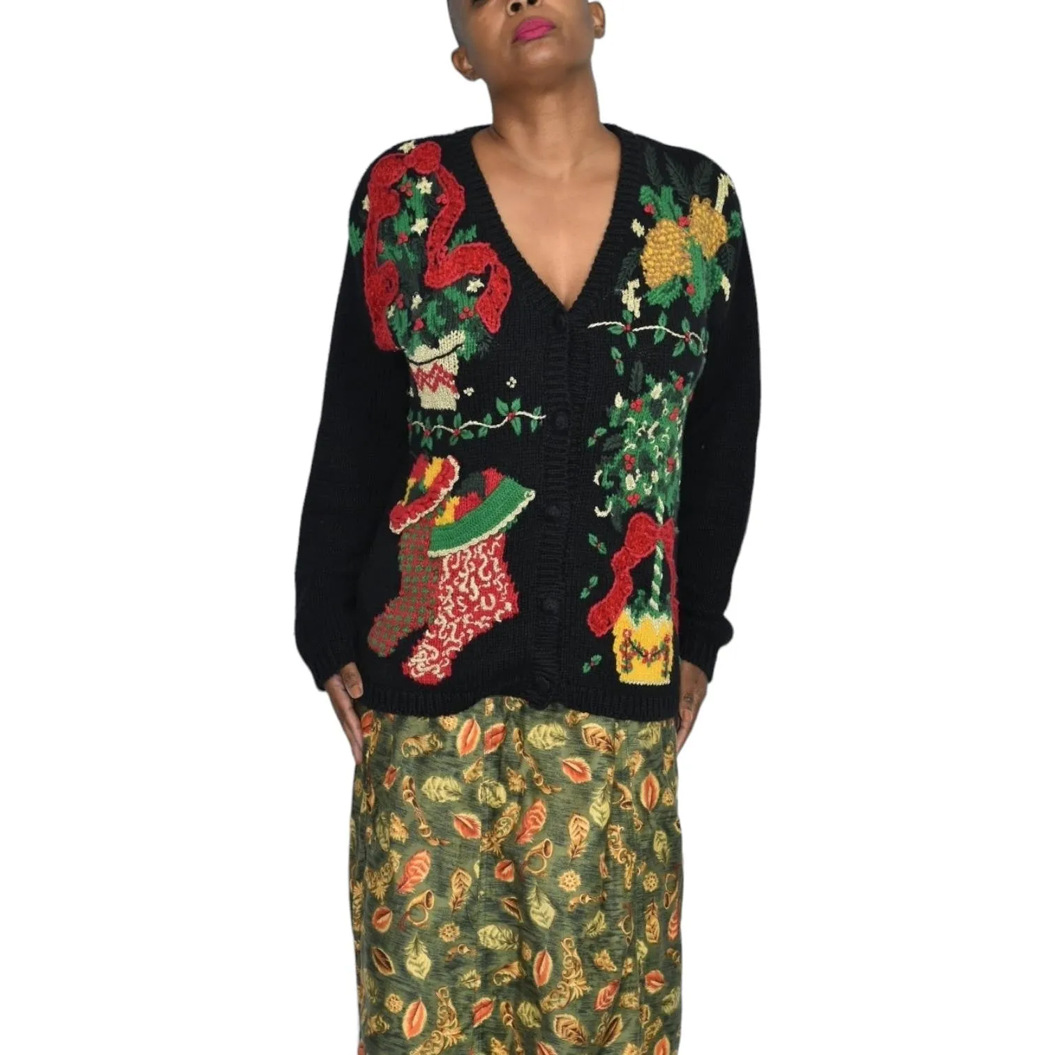 Ugly Christmas Sweater Black Cardigan Vintage Holiday Stockings 3D Knit Bryn Connelly Size Medium Petite
