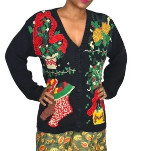 Ugly Christmas Sweater Black Cardigan Vintage Holiday Stockings 3D Knit Bryn Connelly Size Medium Petite