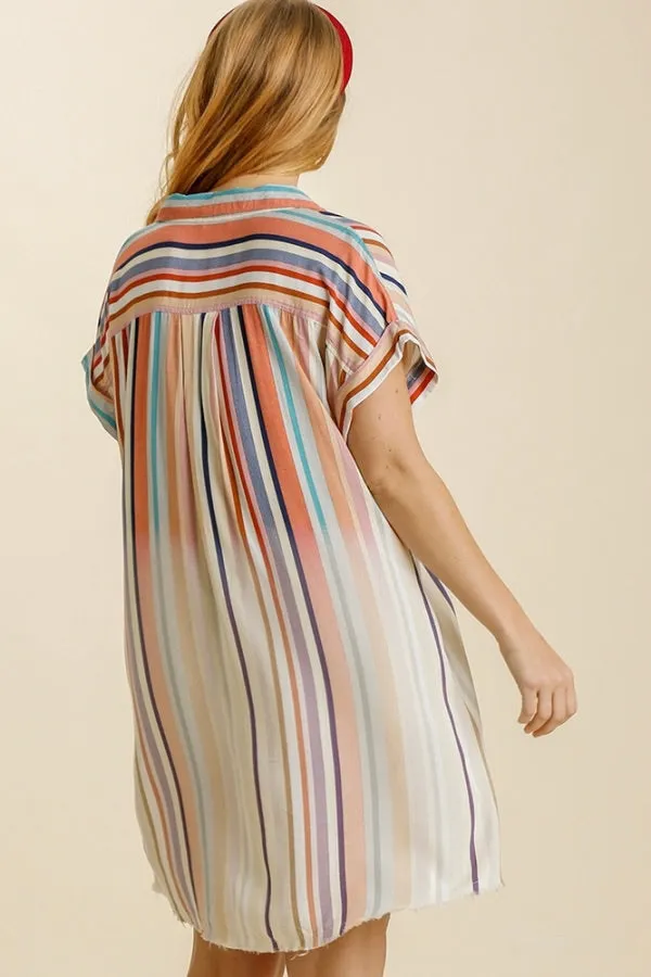 Umgee - Bleached Striped Short Sleeve Button Down Shirt Dress, Coral Mix
