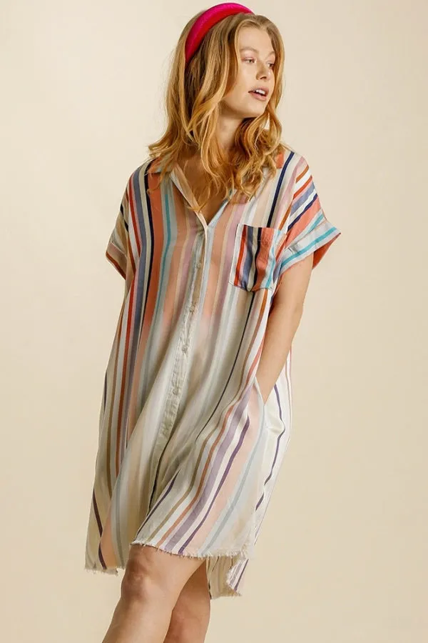 Umgee - Bleached Striped Short Sleeve Button Down Shirt Dress, Coral Mix