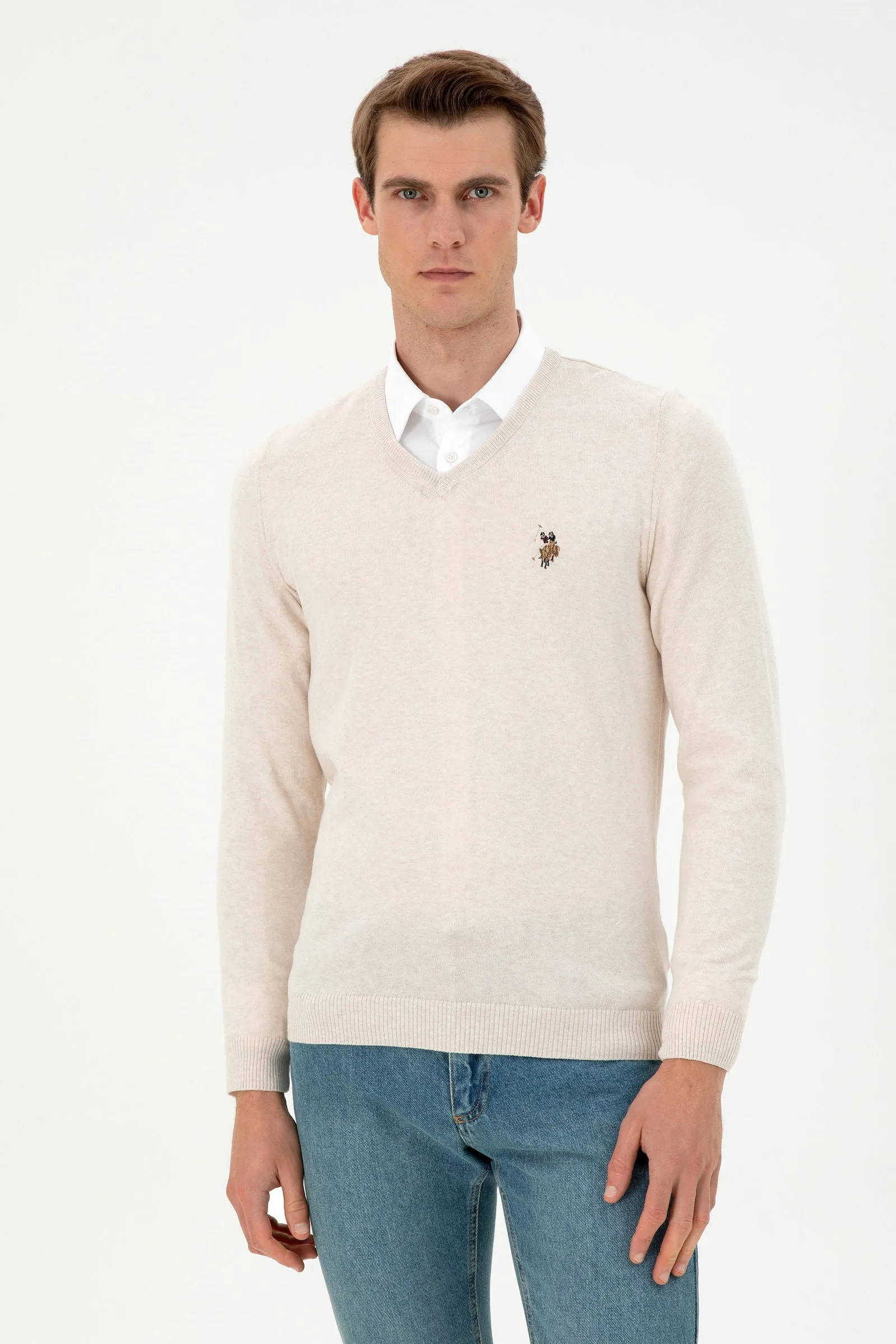 USPA Men Jumper V/Neck Cream VR159 USPJR373 US POLO ASSN.