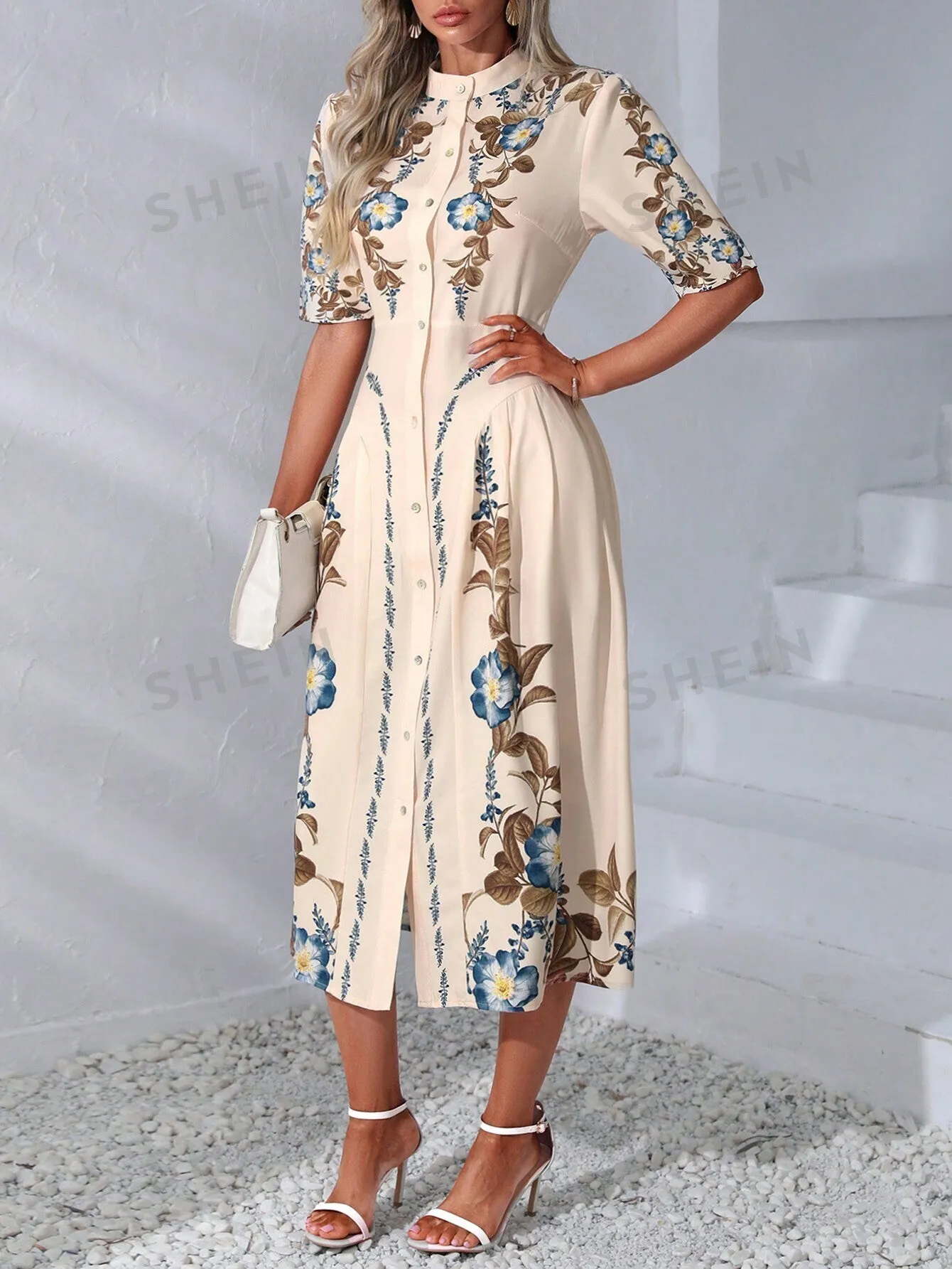 VCAY Floral Print Button Front Shirt Dress