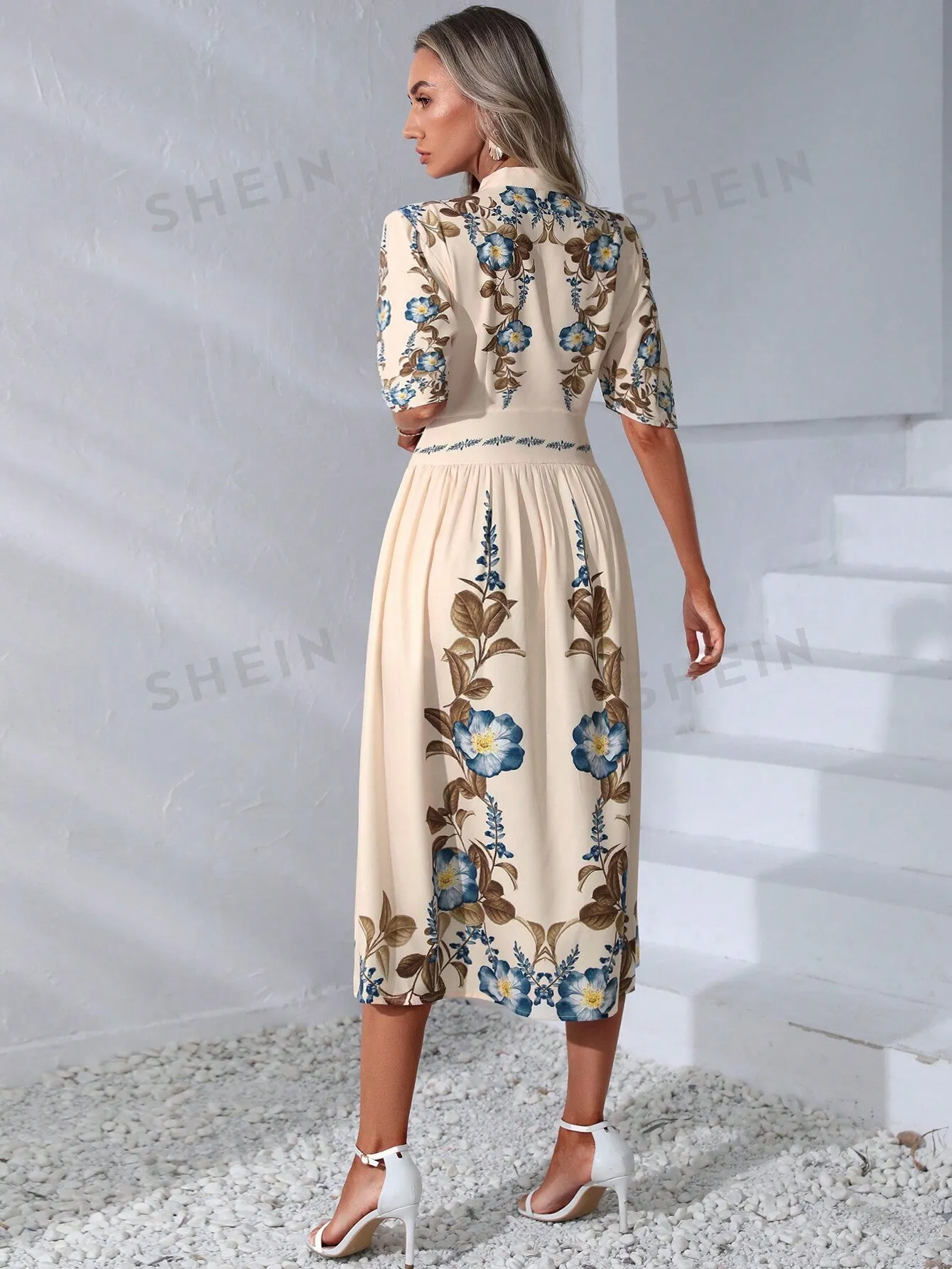 VCAY Floral Print Button Front Shirt Dress