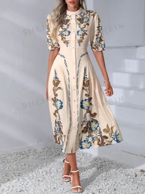 VCAY Floral Print Button Front Shirt Dress