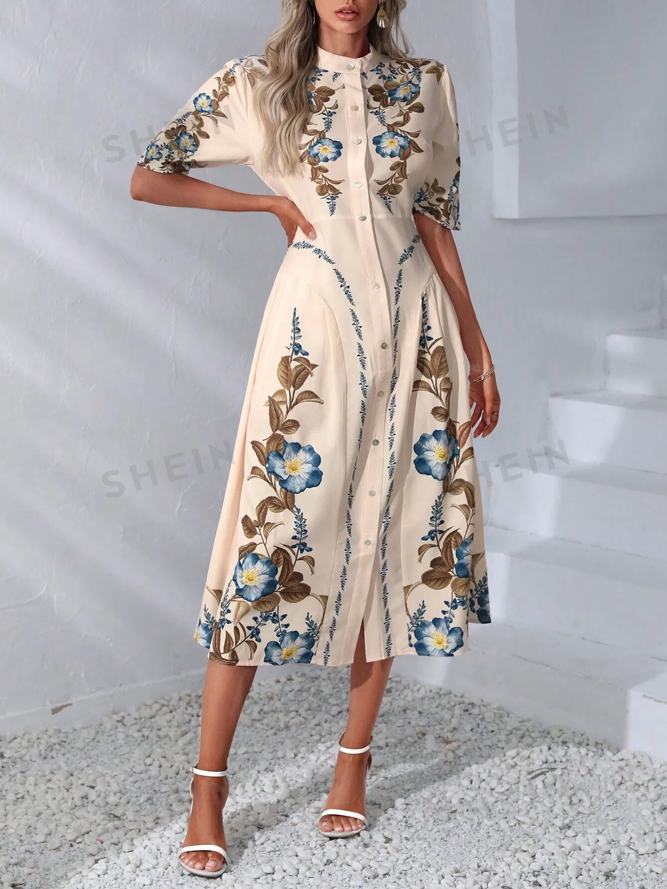 VCAY Floral Print Button Front Shirt Dress