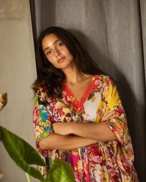 Vintage cotton voile patchwork rose print caftan