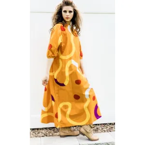 Vintage Marimekko Gown ”Mutka”  Pentti Rinta 1975 O/S Cotton Gold Purple Dot Sack Dress