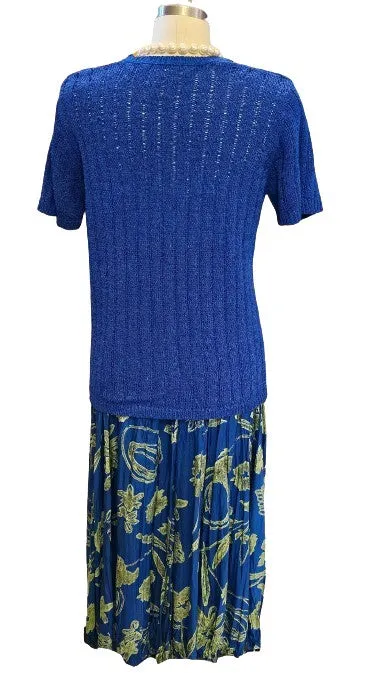 VINTAGE MELROSE STUDIO ROYAL BLUE SILK POLY SWEATER AND SILK PLEATED SKIRT OUTFIT SWEATER AND SKIRT OUTFIT BLUE SWEATER PLEATED SILK SKIRT