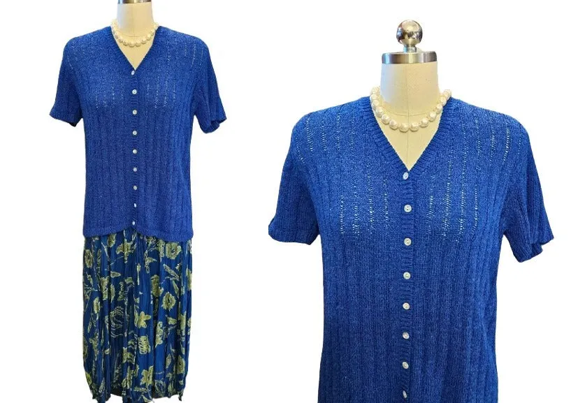 VINTAGE MELROSE STUDIO ROYAL BLUE SILK POLY SWEATER AND SILK PLEATED SKIRT OUTFIT SWEATER AND SKIRT OUTFIT BLUE SWEATER PLEATED SILK SKIRT