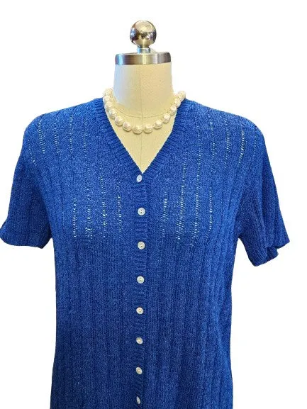 VINTAGE MELROSE STUDIO ROYAL BLUE SILK POLY SWEATER AND SILK PLEATED SKIRT OUTFIT SWEATER AND SKIRT OUTFIT BLUE SWEATER PLEATED SILK SKIRT
