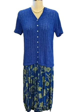 VINTAGE MELROSE STUDIO ROYAL BLUE SILK POLY SWEATER AND SILK PLEATED SKIRT OUTFIT SWEATER AND SKIRT OUTFIT BLUE SWEATER PLEATED SILK SKIRT