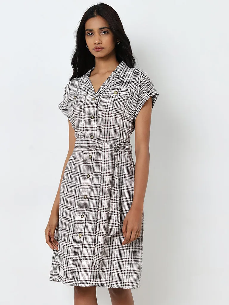 Wardrobe Brown Checkered A-Line Shirt Dress with Belt