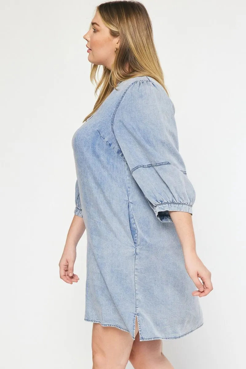 Washed Denim 3/4 Sleeve Dress