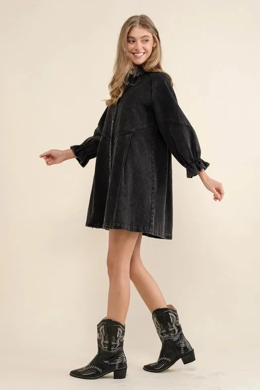 Washed Denim Puff 3/4 Slv Snap Up Shirt Dress Black