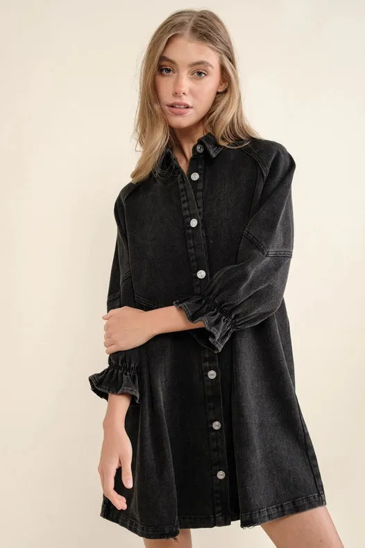 Washed Denim Puff 3/4 Slv Snap Up Shirt Dress Black
