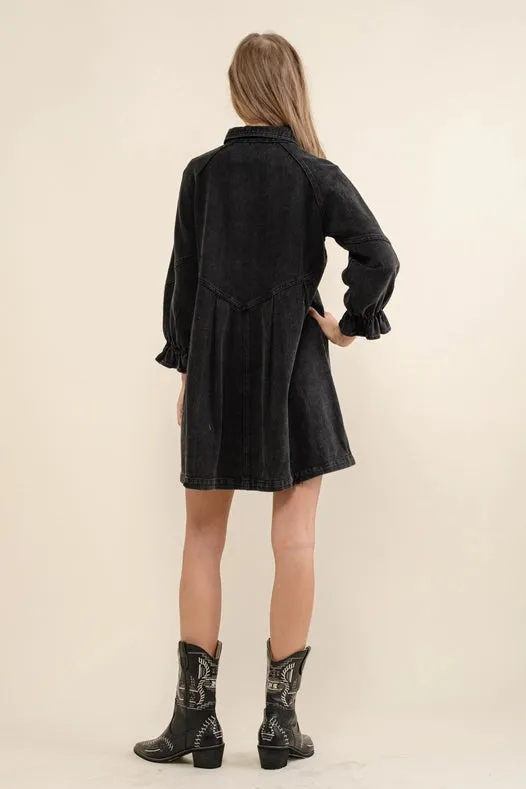 Washed Denim Puff 3/4 Slv Snap Up Shirt Dress Black
